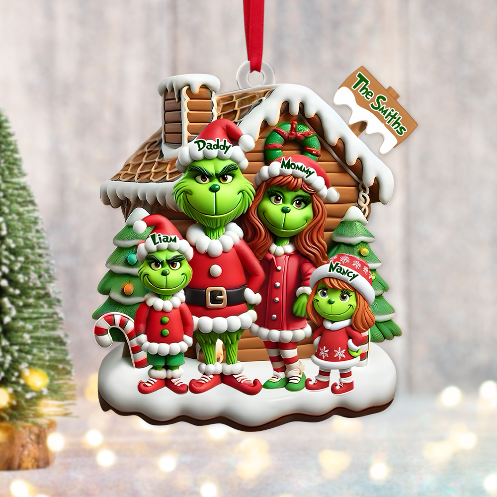 Personalized Family Christmas Ornament - Green Cartoon Character Design