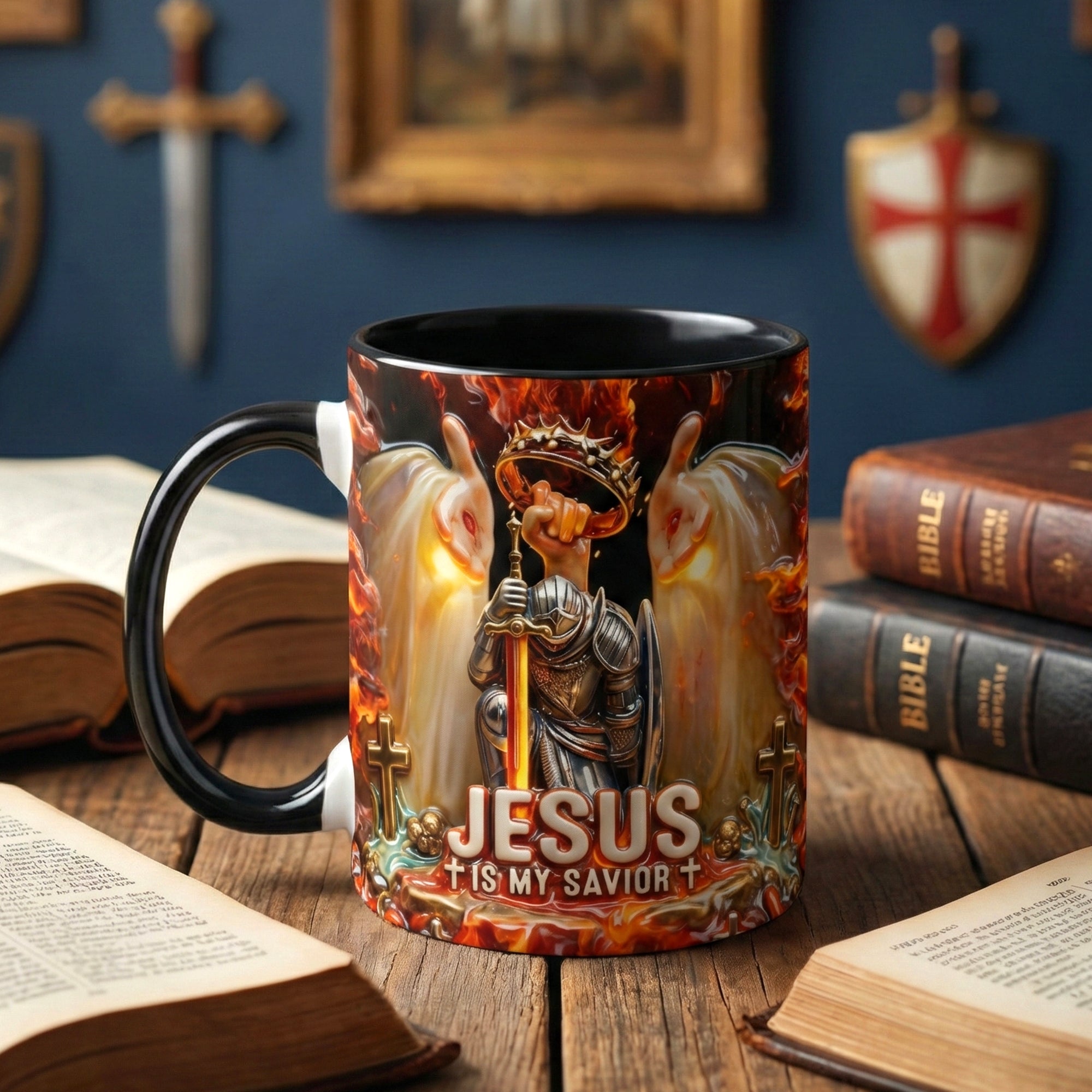 Kneel Templar Knight Warrior & Jesus Savior Accent Mug - Personalized Gifts for Christians
