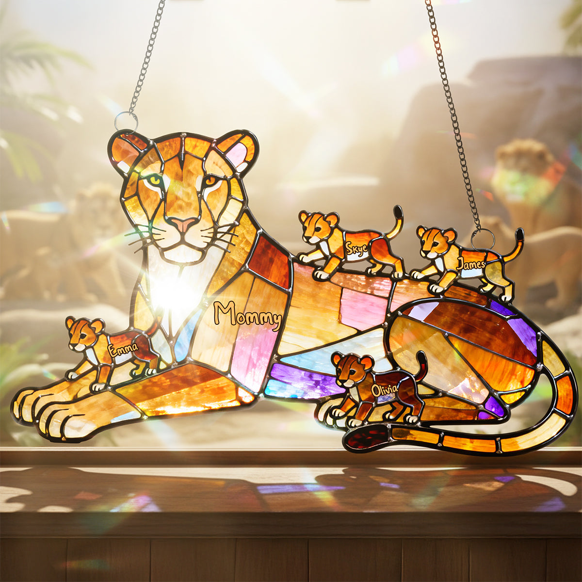 "A Mother's Love Roars!" - Lion Mom And Kids Suncatcher - Personalized Gift for Mom and Grandma Ornament PopCulturePrints