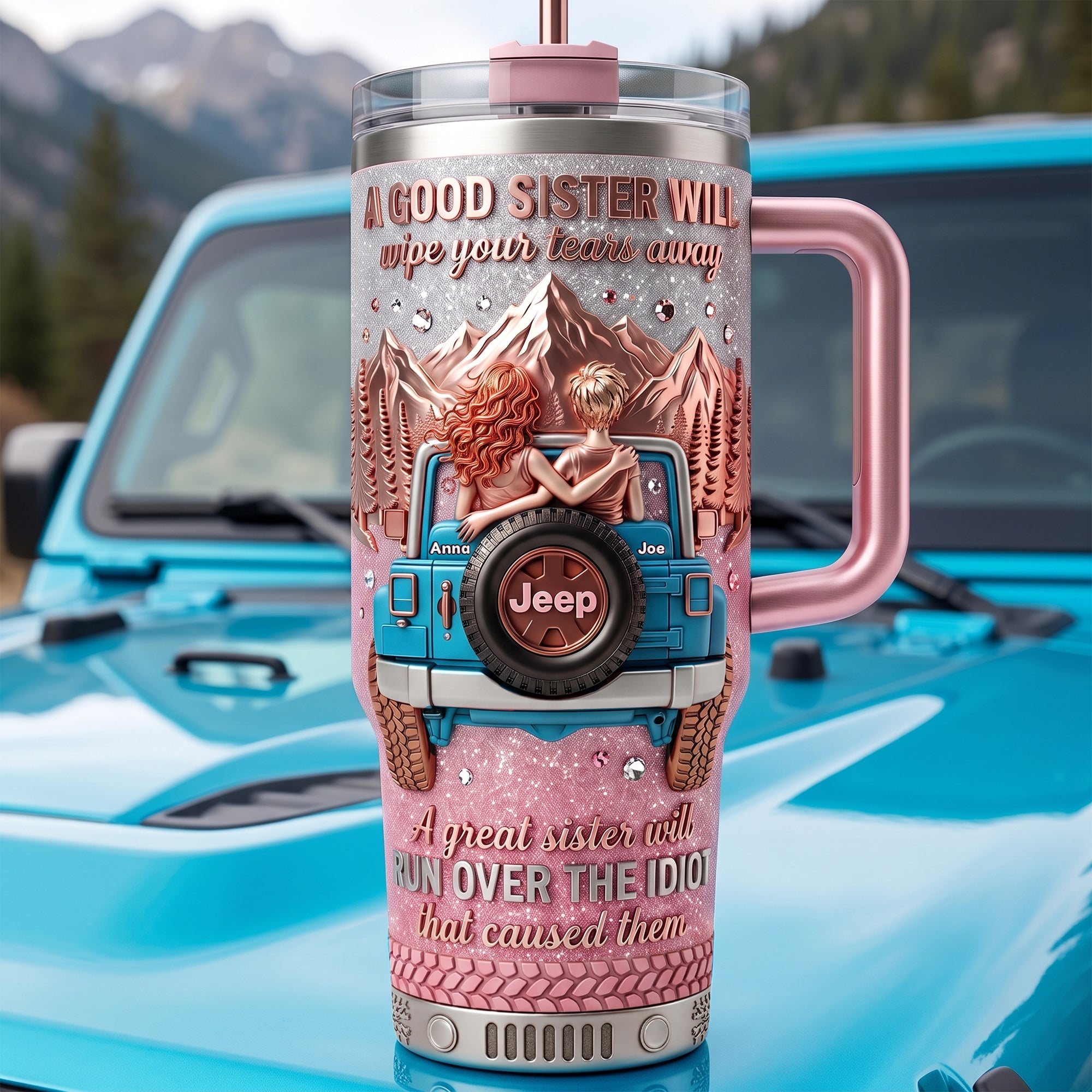 Sassy Sisterhood: Custom Badass Girly Off-road Tumbler - 40oz Handle Mug for Adventurous Sisters