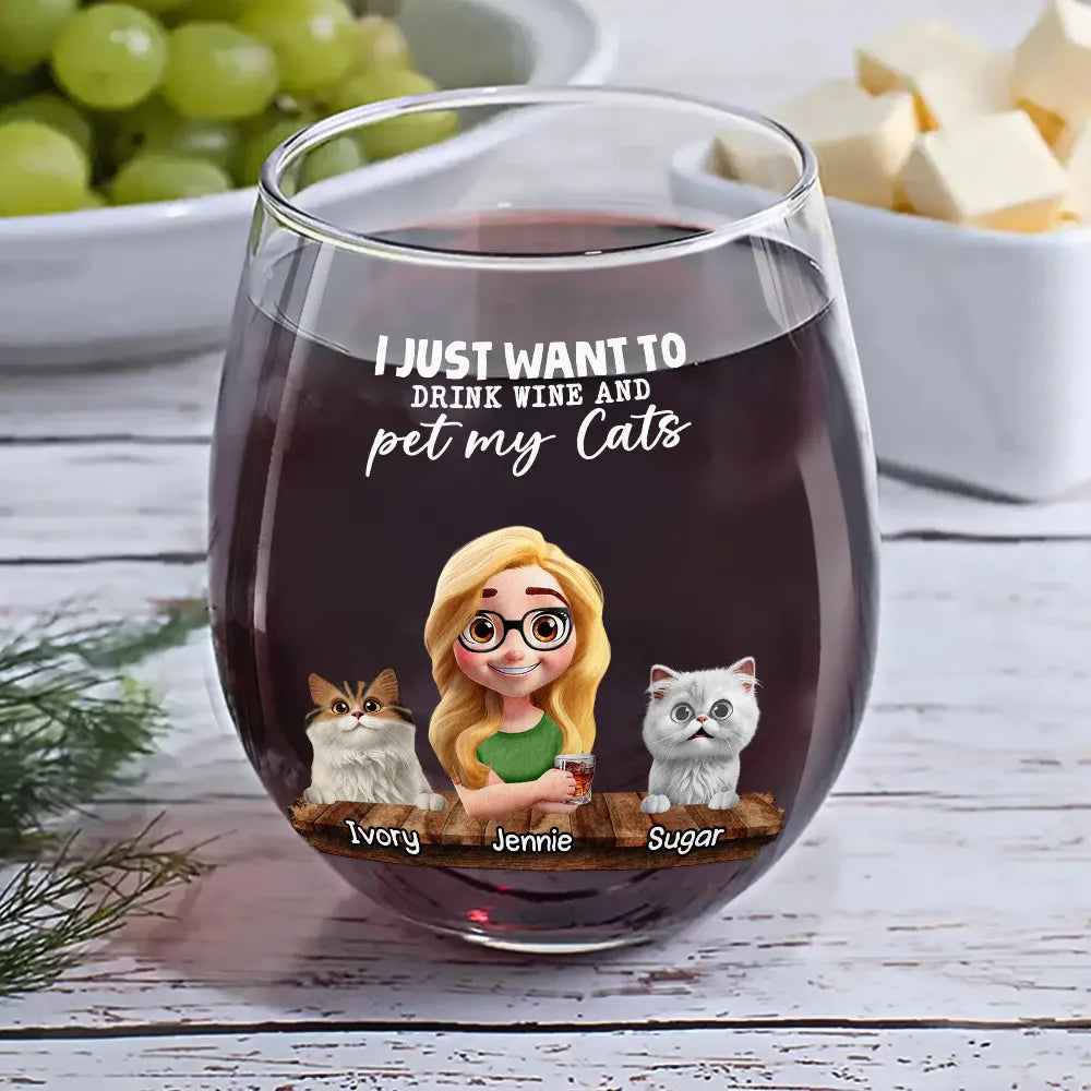 I Just Want To Drink Wine - Personalized Stemless Wine Glass for Cat Lovers Wine Glass PopCulturePrints