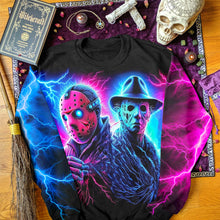 Load image into Gallery viewer, Neon Horror Legends Hoodie - Halloween Graphic Sweatshirt for Horror Movie Fans
