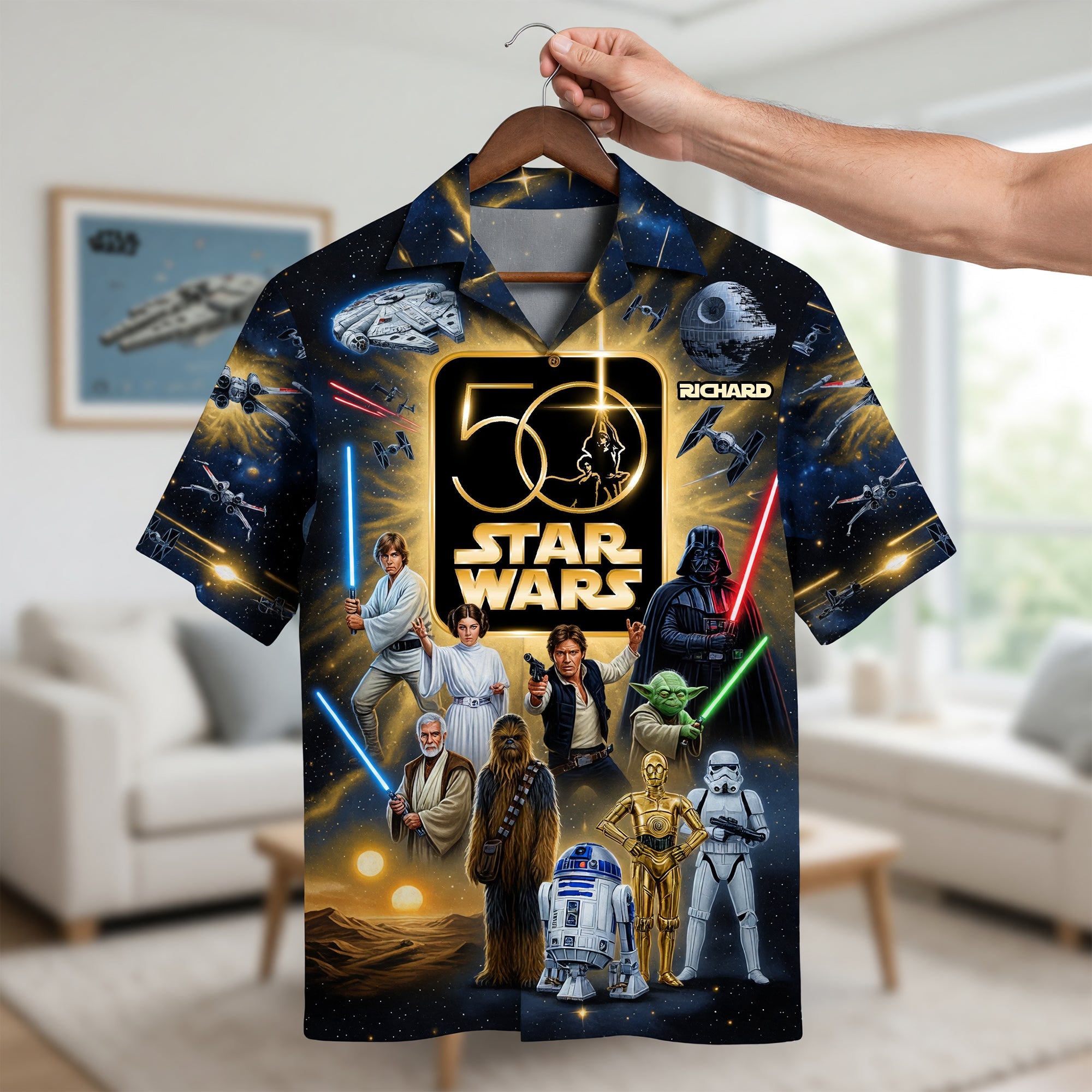 "Celebrate 50 Years of Cosmic Adventure!" - Personalized Hawaiian Shirt - Perfect Gift for Star Wars Fans, Friends, and Family