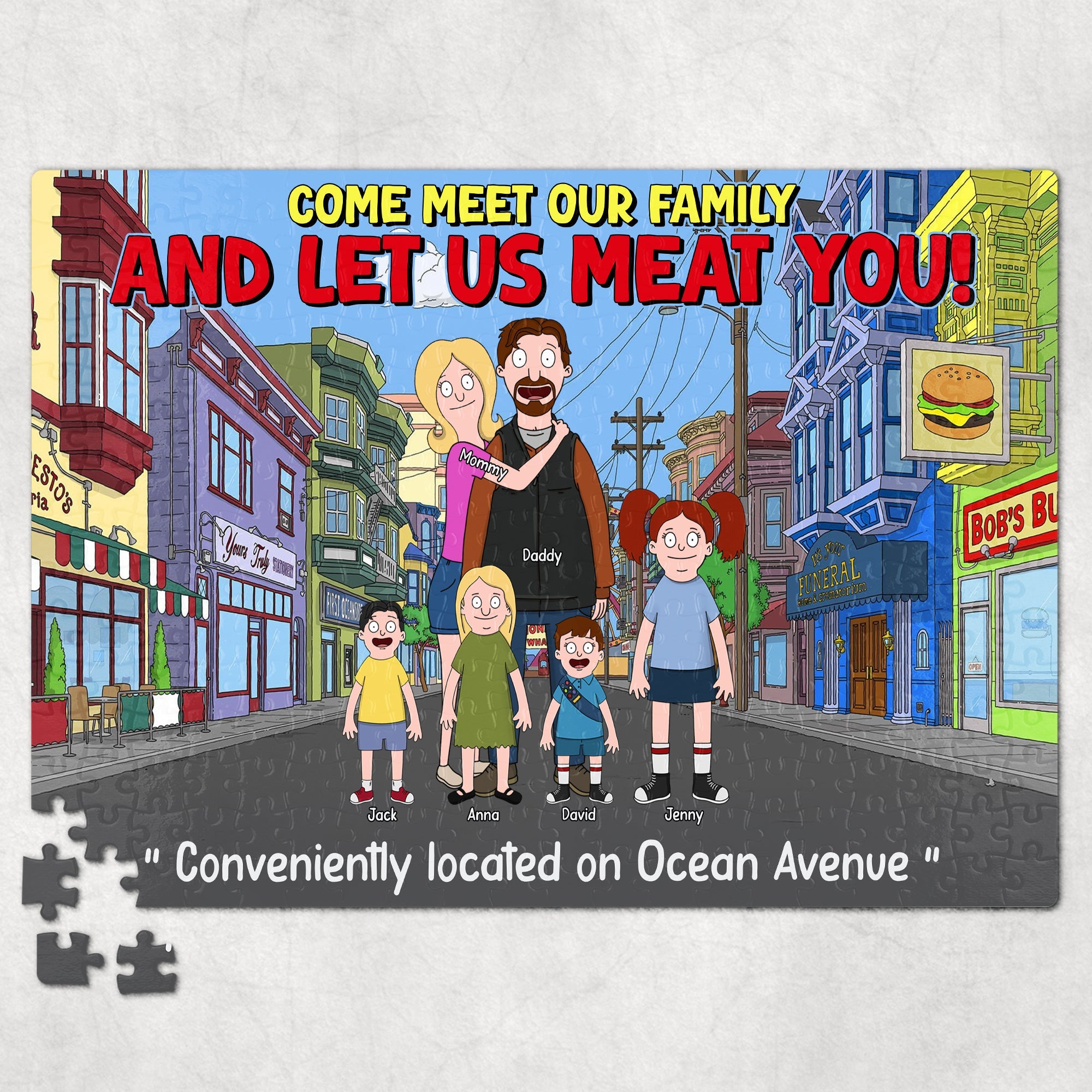 Personalized Family Jigsaw Puzzle - 'Come Meet Our Family and Let Us Meat You!' Jigsaw Puzzles PopCulturePrints