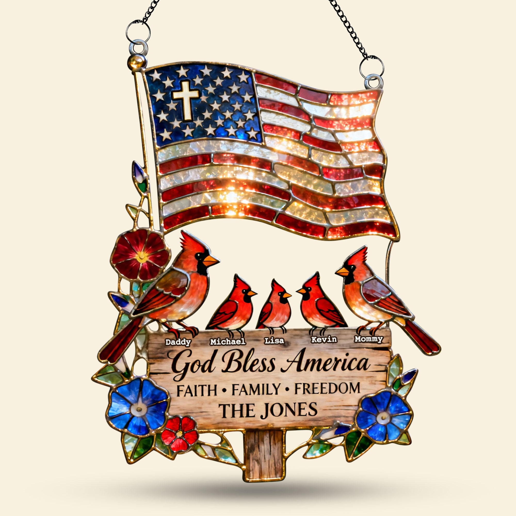 “God Bless America” - Personalized Peaceful Cardinal Family Suncatcher - Unique Gift for Family and Friends Ornament PopCulturePrints