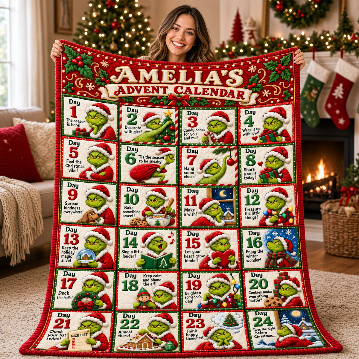 "Make This Holiday Season Merry and Bright" - Funny Christmas Advent Calendar Blanket, Personalized Gift for Family and Friends