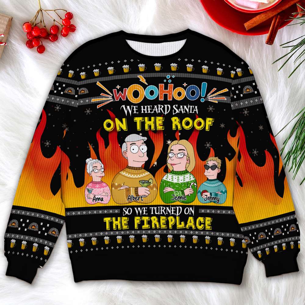 Personalized Family Christmas Ugly Sweater - Cartoon Fireplace Design