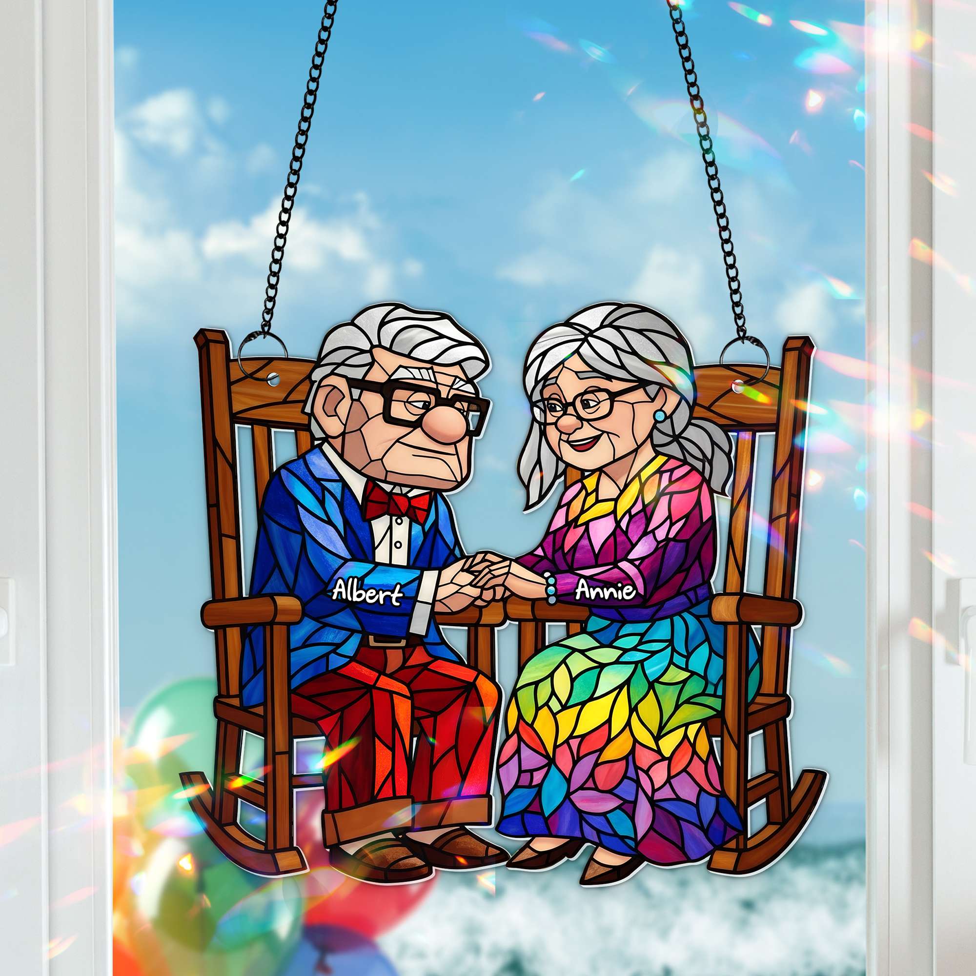 "Love Knows No Age" - Personalized Old Couple On the Porch Suncatcher - Custom Gift for Couples Ornament PopCulturePrints
