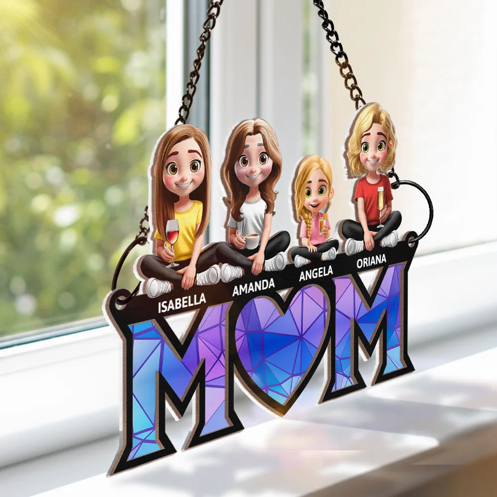 We Love You Mom - Personalized Mother Daughter Son 3D Cartoon Window Hanging Suncatcher Ornament Suncatcher Ornament PopCulturePrints