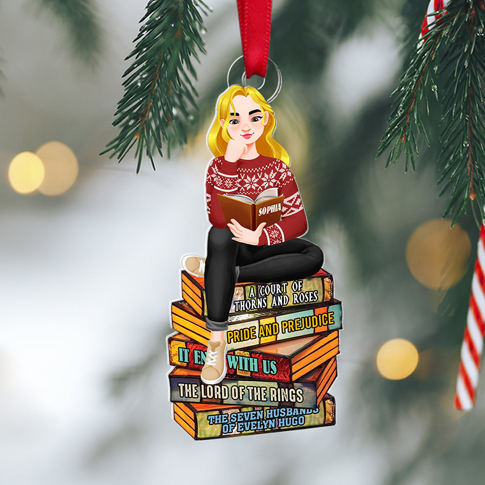 Personalized Book Lover Christmas Ornament - Girl Reading on Book Stack