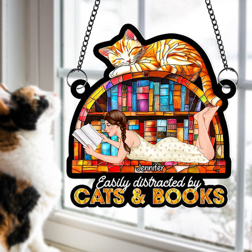 Personalized Suncatcher Ornament for Book Lovers - Easily Distracted by Cats & Books Ornament PopCulturePrints