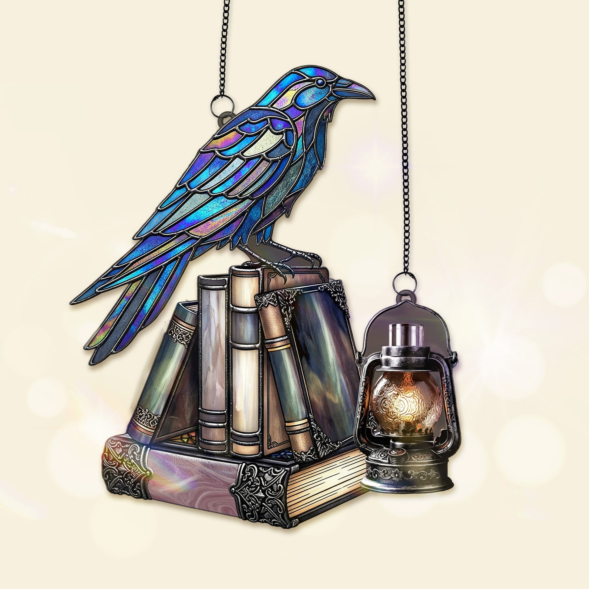 “Illuminate Your Passion for Reading” - Raven on Books Gothic Suncatcher Ornament, Personalized Gifts for Book Lovers Ornament PopCulturePrints