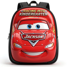 Load image into Gallery viewer, Racing into Kindergarten - Personalized Kids School Bag Backpack PopCulturePrints
