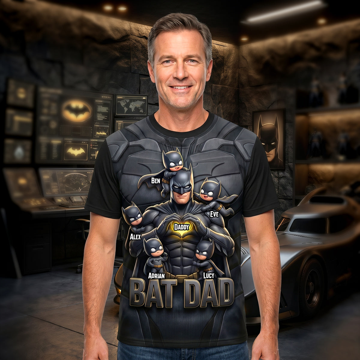 “Every Hero Has a Sidekick” - Personalized Bat Dad Shirt - Perfect Gift for Dads and Grandpas AOP Products PopCulturePrints