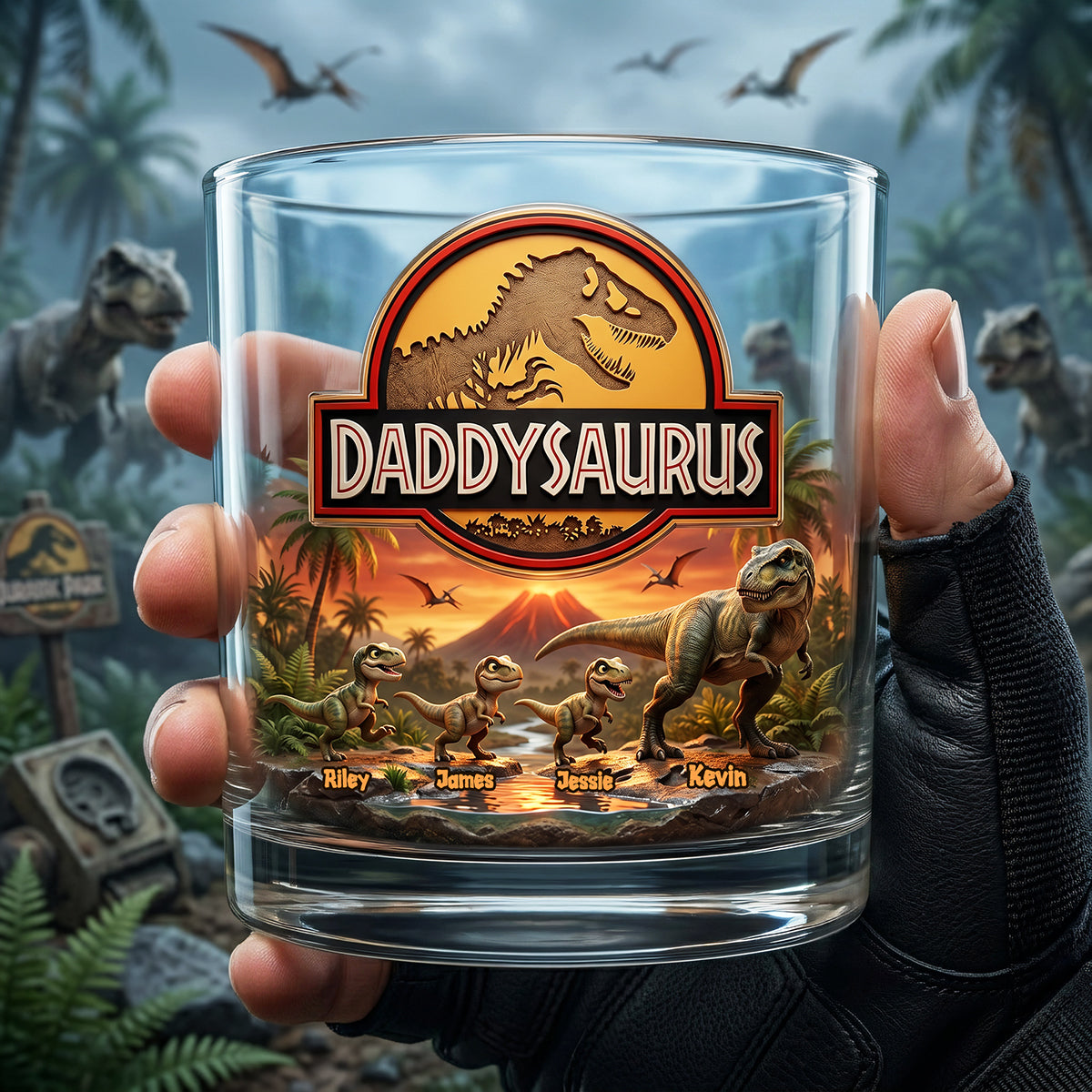 “Adventure Awaits! Daddysaurus Glass Mug - Personalized Gift for Dads and Grandpas” Glass PopCulturePrints