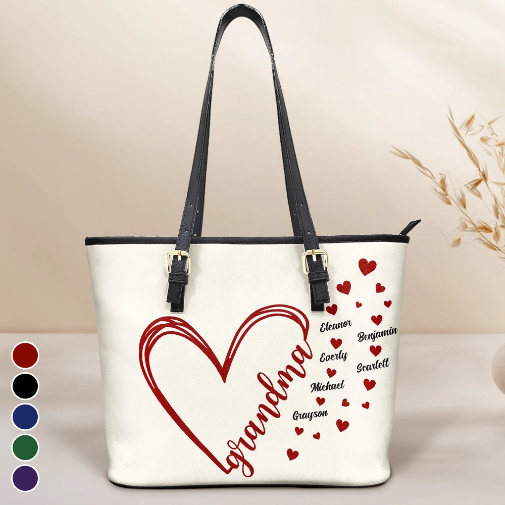 Grandma Little Hearts - Personalized Leather Tote Bag Leather Tote Bag PopCulturePrints