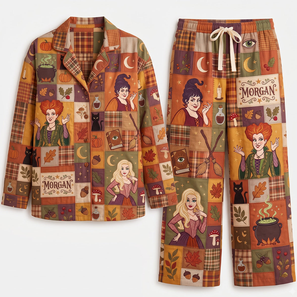 Magic Awaits with Our Personalized Patchwork Button Up Pajama Set - A Perfect Halloween Gift for Witch Lovers! Pajama Set PopCulturePrints