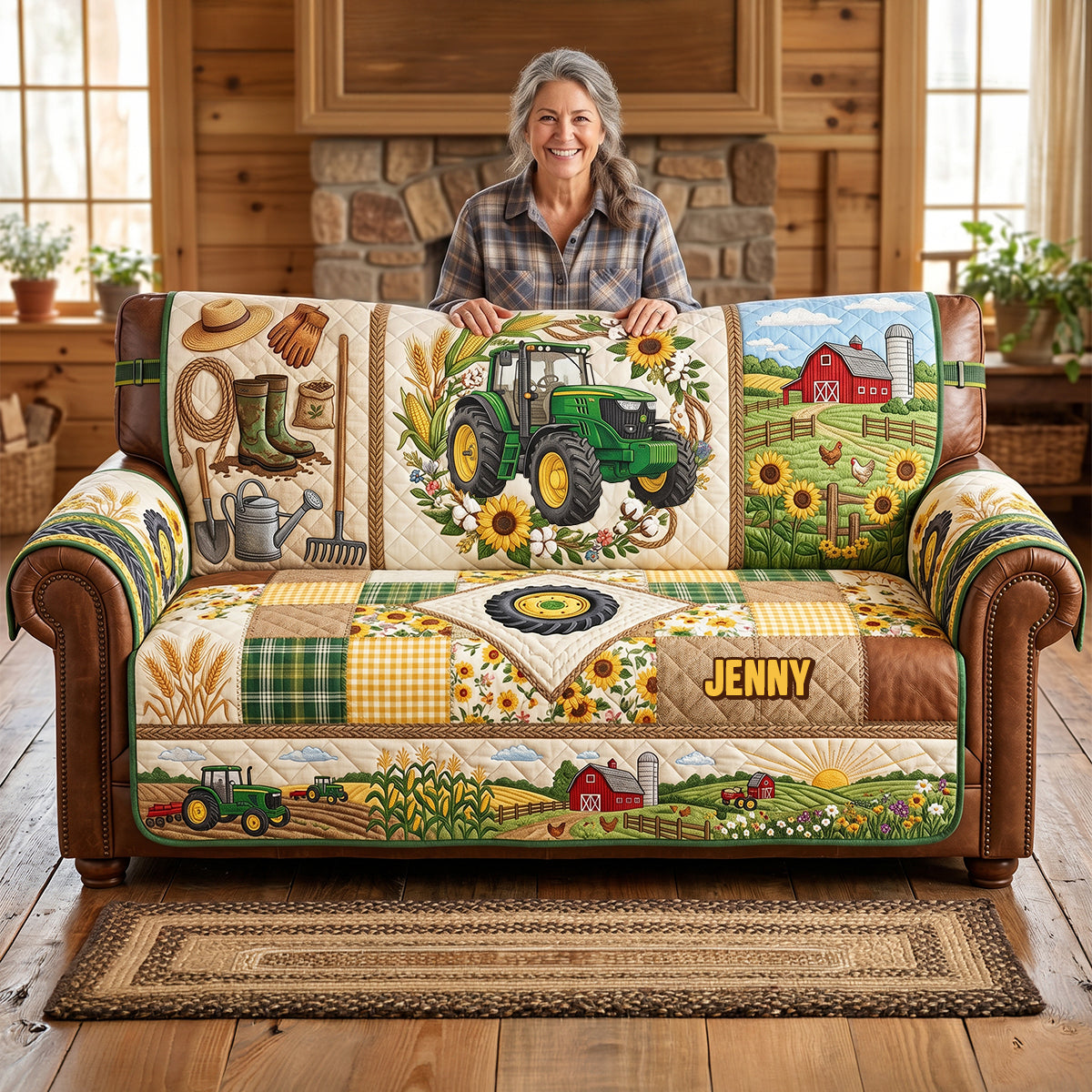 "Bring the Farm Home!" - Green Farm Tractor Quilted Sofa Cover - Personalized Gifts for Tractor Lovers Sofa Cover PopCulturePrints
