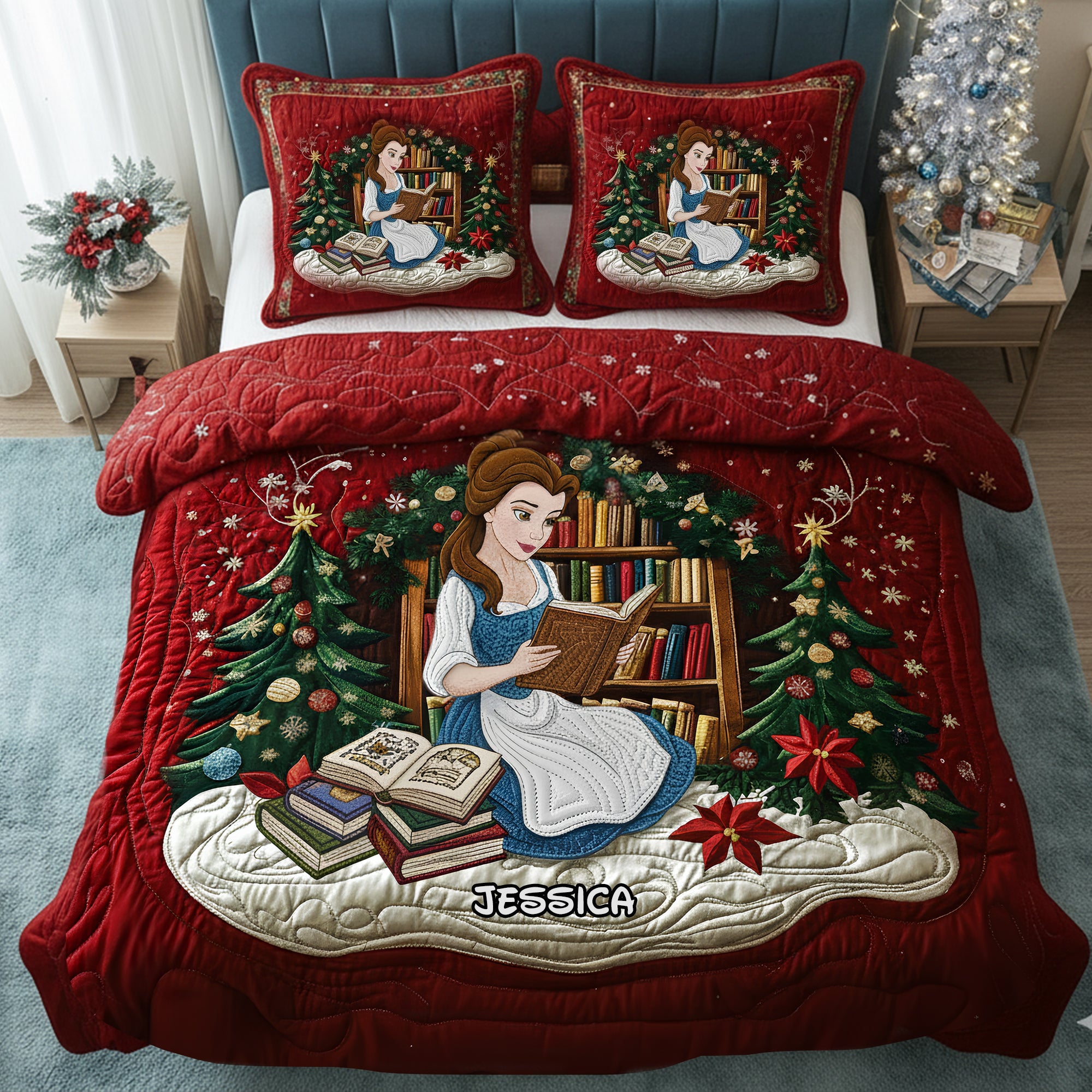 “Escape into a World of Stories” - Holiday Reading Nook Quilt Set - Personalized Christmas Gift for Book Lovers Bedding Set PopCulturePrints
