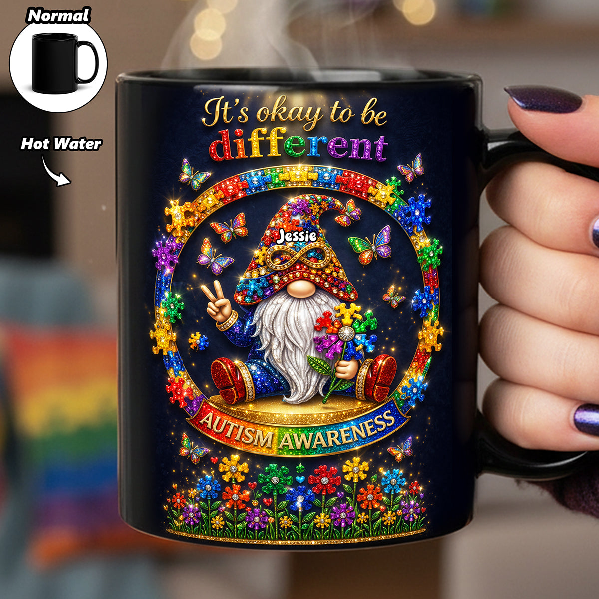 “It's okay to be different” - Gnome Puzzle Magic Coffee Mug - Personalized Gift for Autistic Individuals Coffee Mug PopCulturePrints