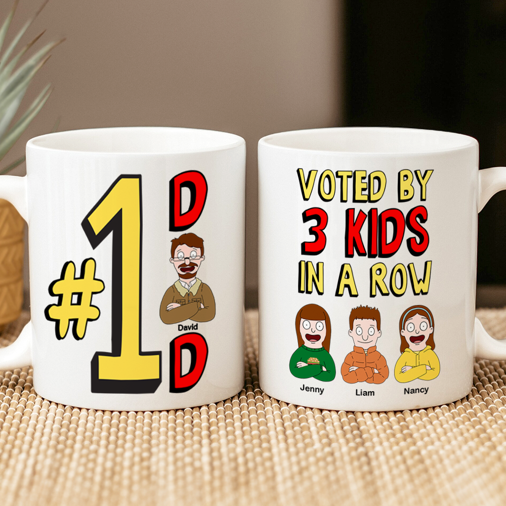 #1 Dad Coffee Mug - Voted by 3 Kids in a Row - Personalized Gift for Dads Coffee Mug PopCulturePrints
