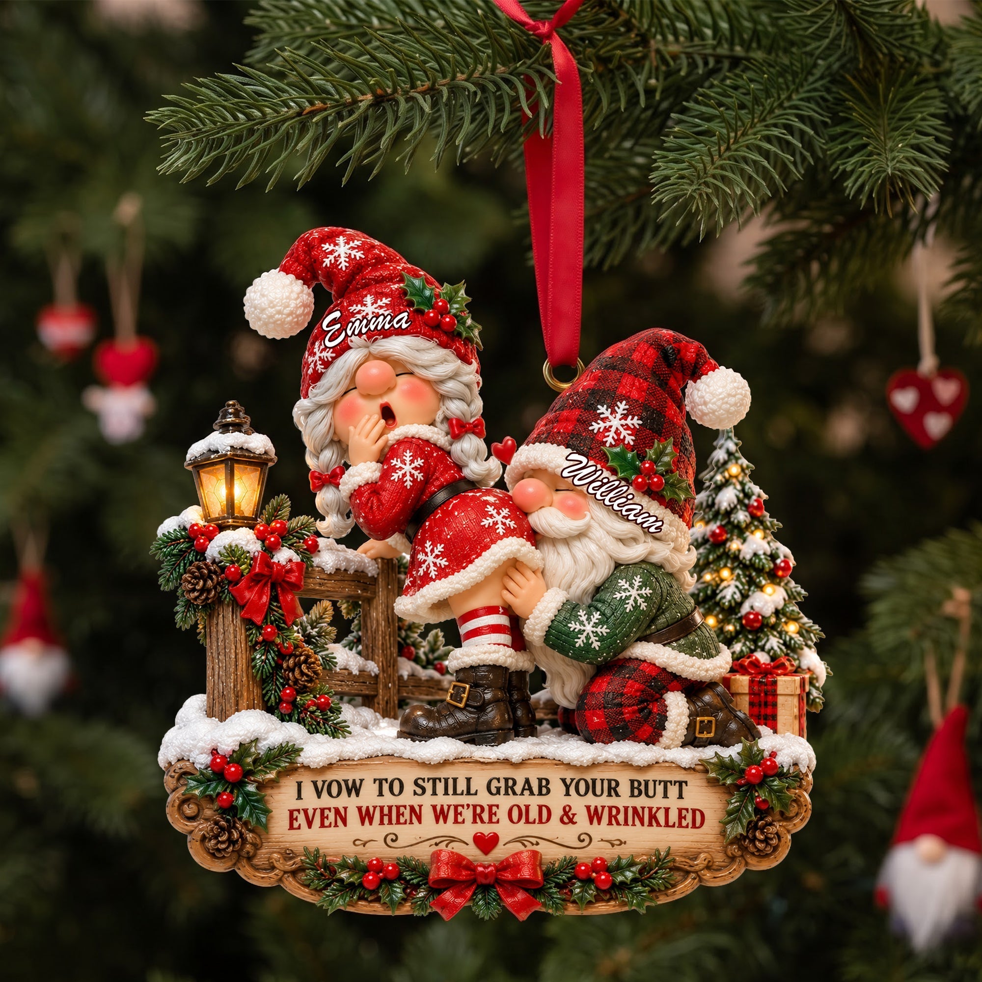 I Vow to Still Grab Your Butt - Playful Gnome Couple Ornament - Personalized Gift for Couples