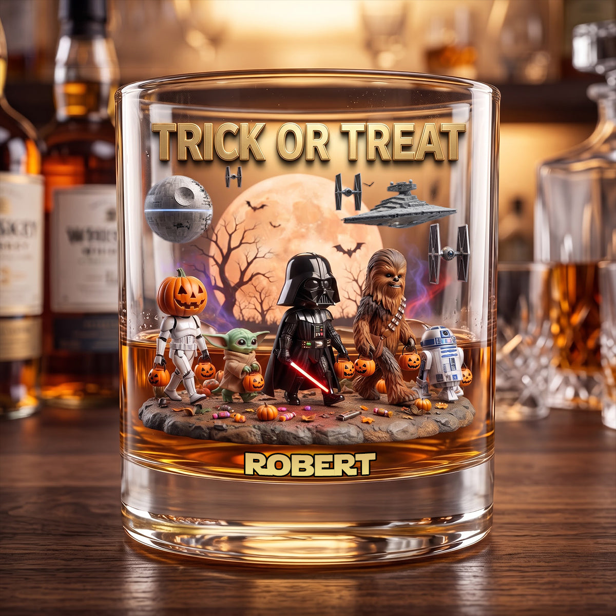 "Trick or Treat" – Cosmic Halloween Round Glass - Personalized Gift for Every Star Wars Fan Glass PopCulturePrints