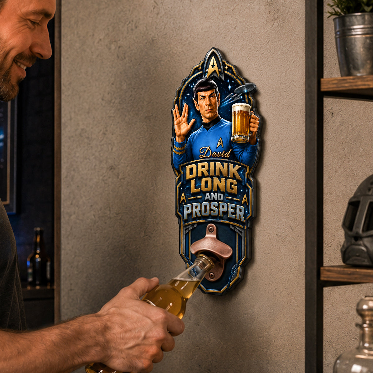 "Drink Long and Prosper!" - Space Explorer Wall Hanging Bottle Opener - Personalized Gift for Space Lovers