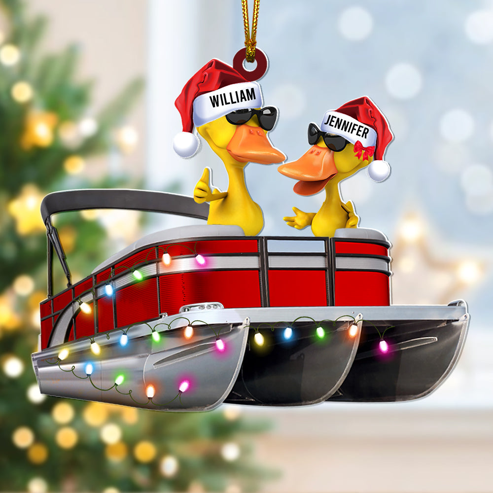 Personalized Pontoon Family Duck Christmas Ornament - Custom Names and Festive Lights