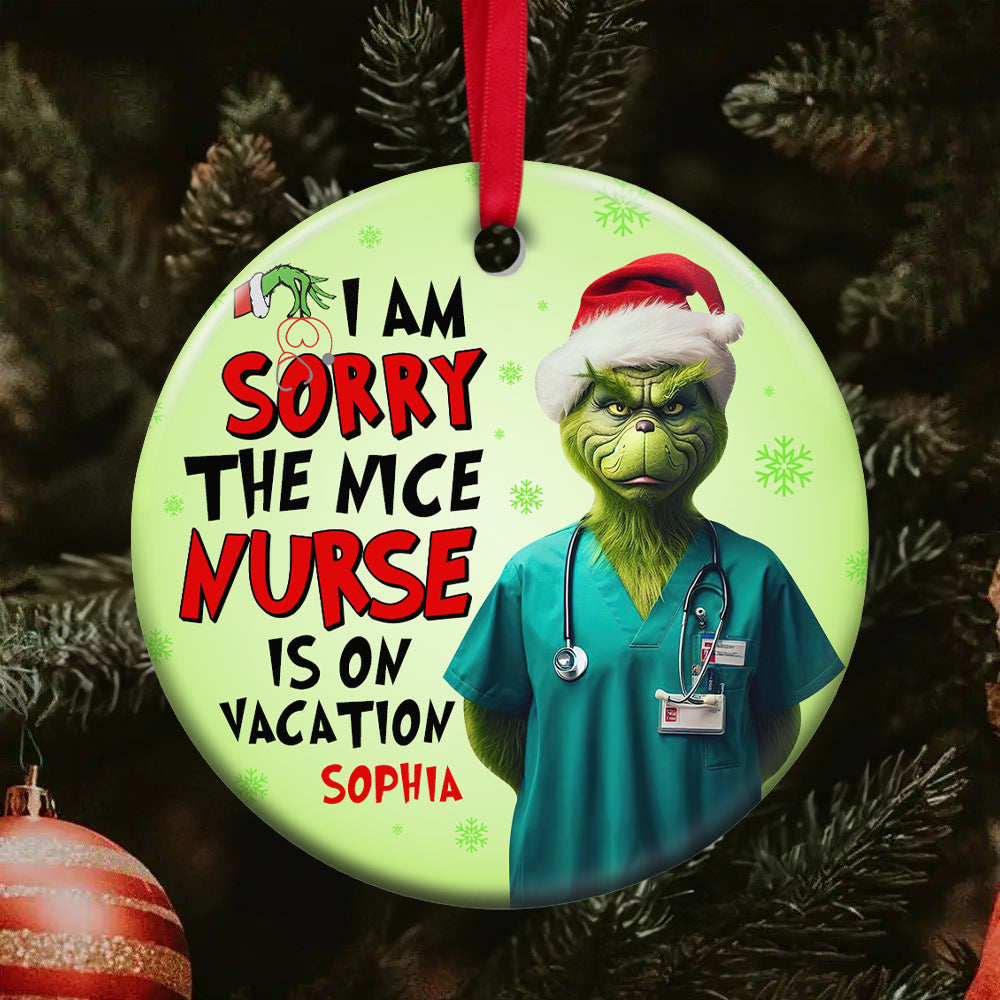 Playful Grinch Nurse Vacation Personalized Ornament Ornament PopCulturePrints