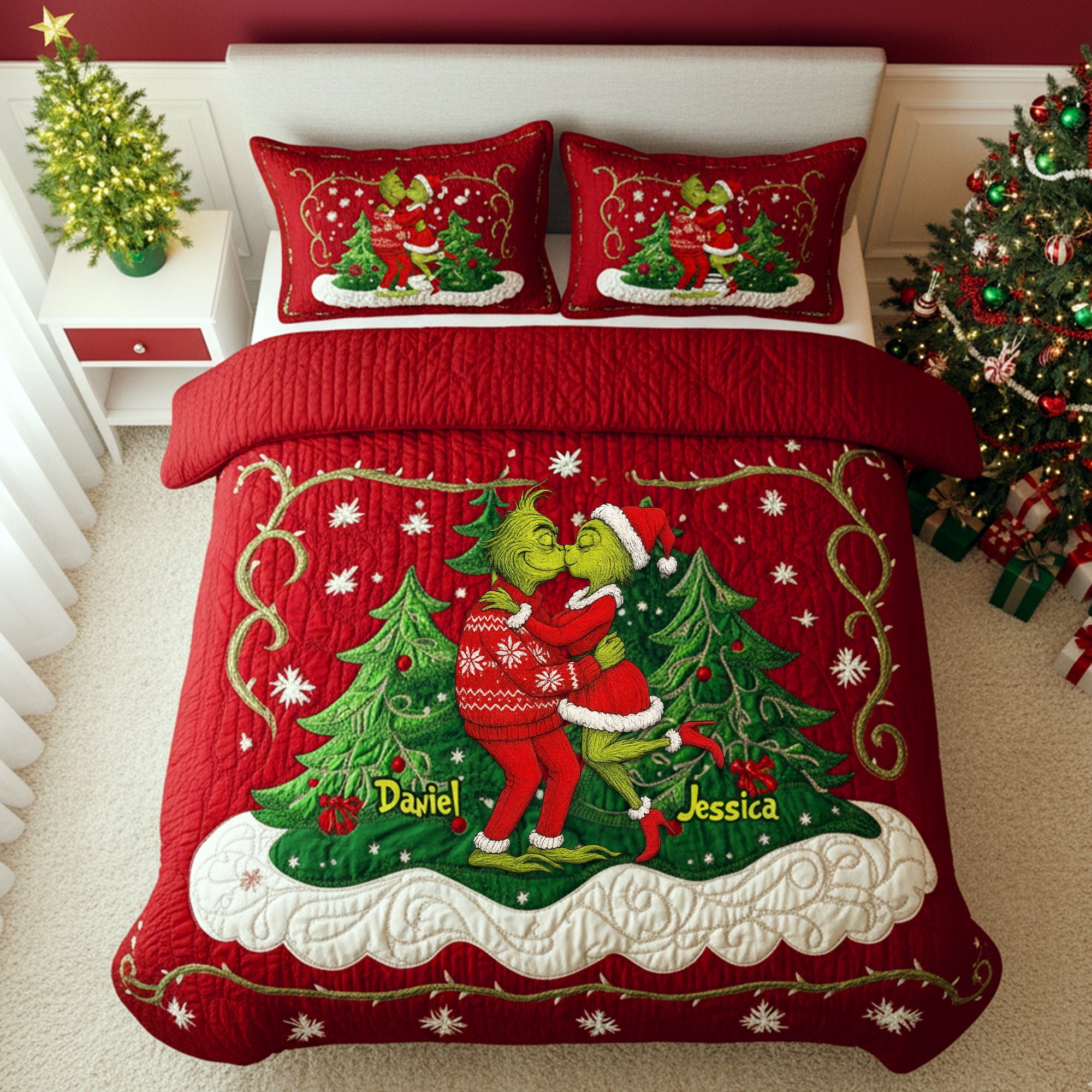“Celebrate Love & Joy” - Festive Couple Kiss Quilt Set - Personalized Christmas Gift for Couples Bedding Set PopCulturePrints