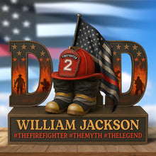 Load image into Gallery viewer, “The Firefighter Dad: A Legend” - Personalized Acrylic Plaque - Perfect Gift for Dads, Grandpas, and Firefighter Fans Shaped Plaques PopCulturePrints
