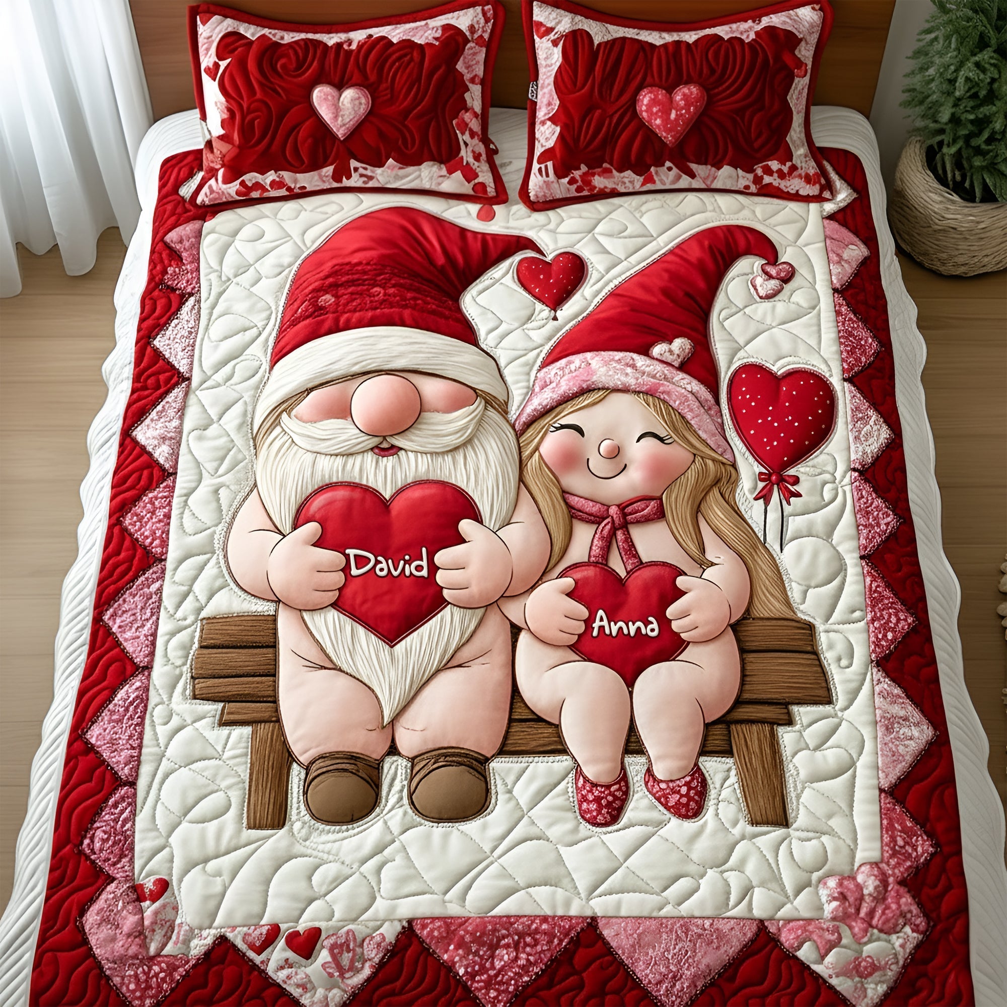 “Love Knows No Bounds” - Sweet Gnome Couple Quilt Bed Set - Personalized Gift for Couples Blanket PopCulturePrints
