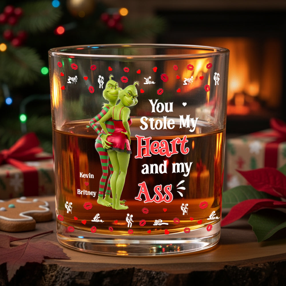 You Stole My Heart and My Ass - Personalized Cheeky Green Couple Christmas Glass Mug Whiskey Glass PopCulturePrints