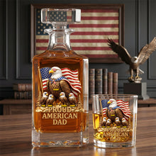 Load image into Gallery viewer, “Honor Your Legacy” - Proud American Eagle Dad Decanter Set - Personalized Gift for Dad and Grandpa Bottle PopCulturePrints

