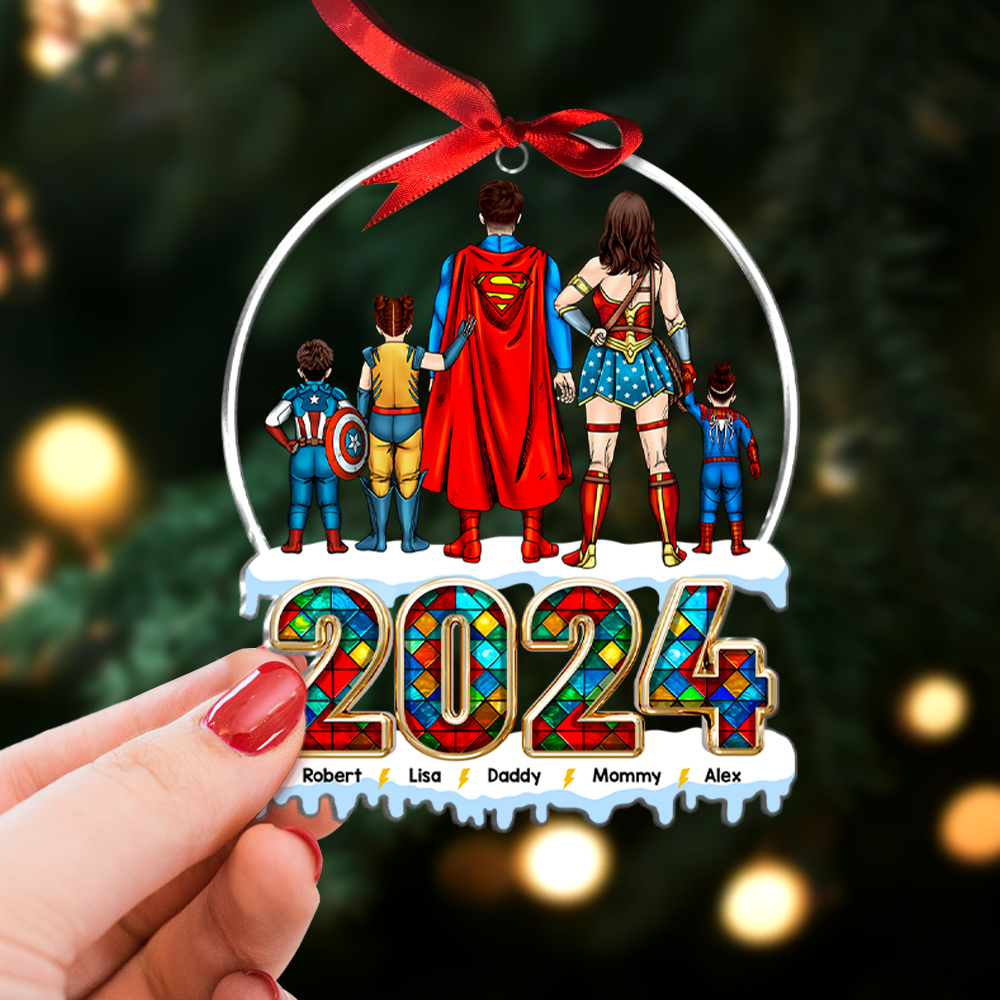 Personalized Family Superhero Acrylic Ornament - 2024