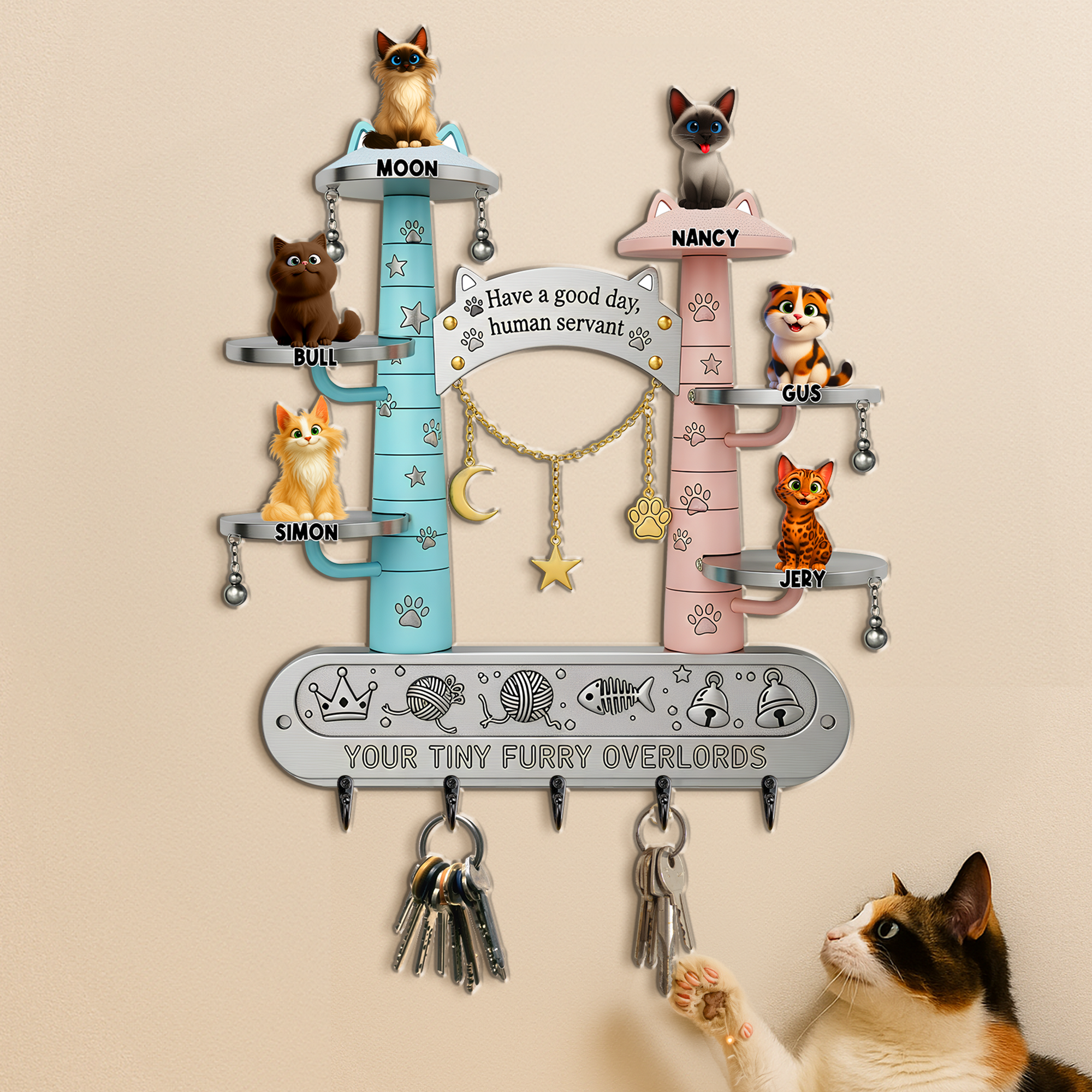 Have a Good Day, Human Servant! - Tiny Fluffy Cat Wood Key Hanger - Personalized Gift For Cat Lovers Wood Sign PopCulturePrints