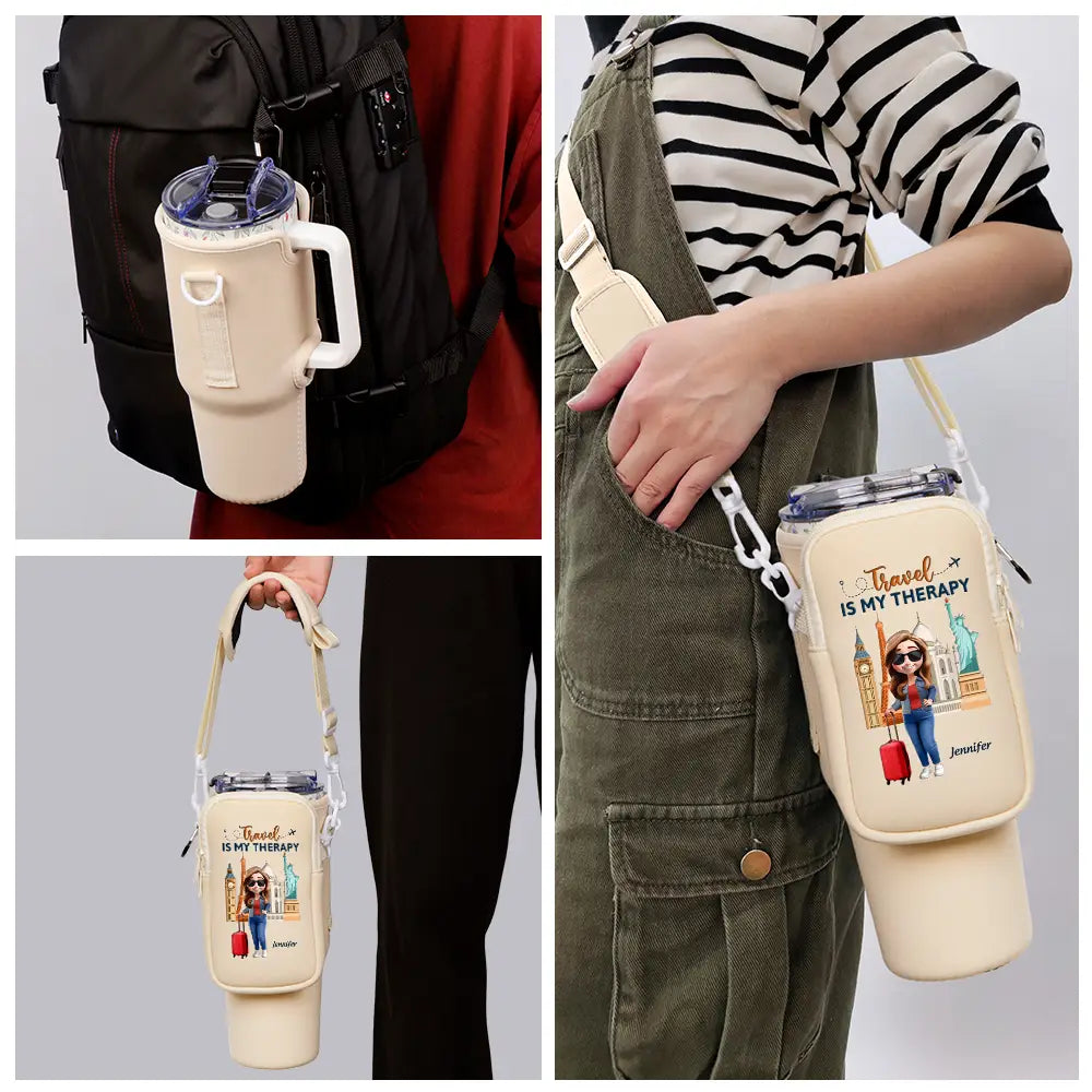 Travel Is My Therapy - Personalized Bottle Carrier Bag for Every Adventure Lover Bottle Carrier Bag PopCulturePrints