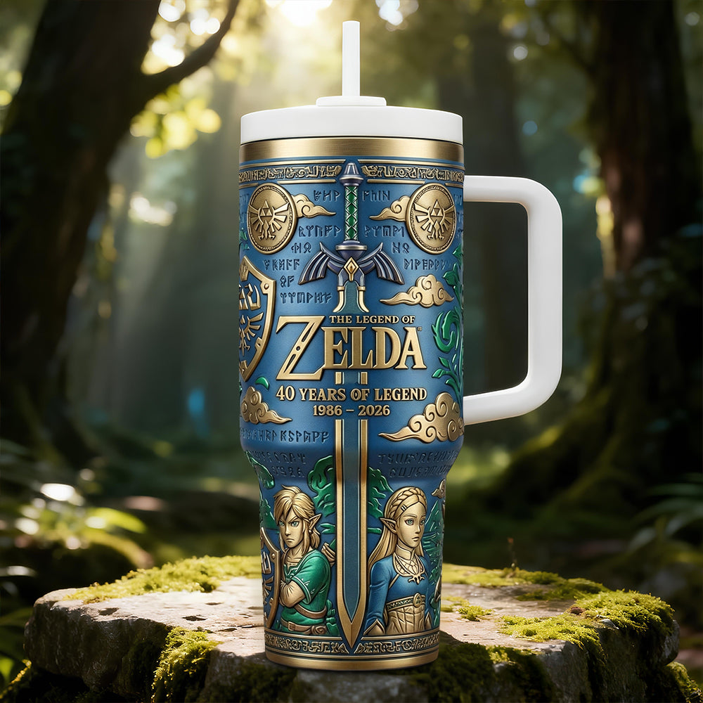 "Celebrate 40 Years of Adventure!" - Customizable Handle Tumbler for The Legend of Zelda Fans Tumbler Cup PopCulturePrints
