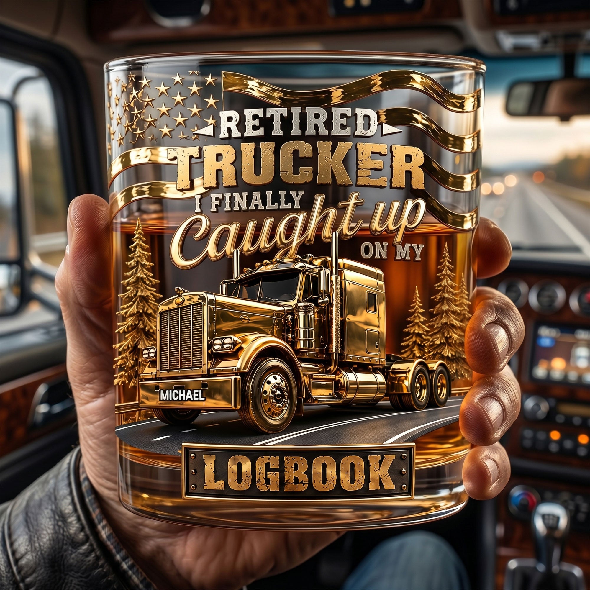 Retired Trucker - 'I Finally Caught Up on My Logbook' Round Glass - Personalized Gift for Truck Drivers Glass PopCulturePrints
