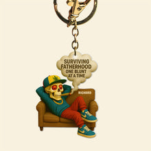 Load image into Gallery viewer, “Surviving Fatherhood One Blunt at a Time” - Personalized Keychain Gift for Dad, Grandpa &amp; New Dads Keychains PopCulturePrints
