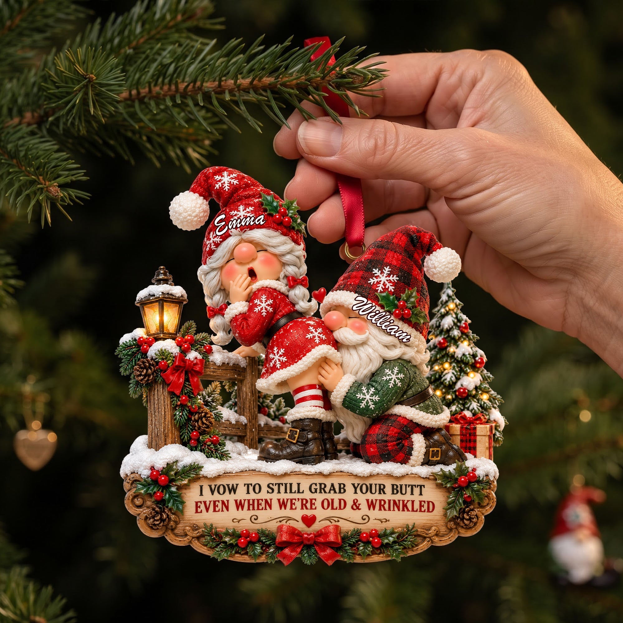 I Vow to Still Grab Your Butt - Playful Gnome Couple Ornament - Personalized Gift for Couples