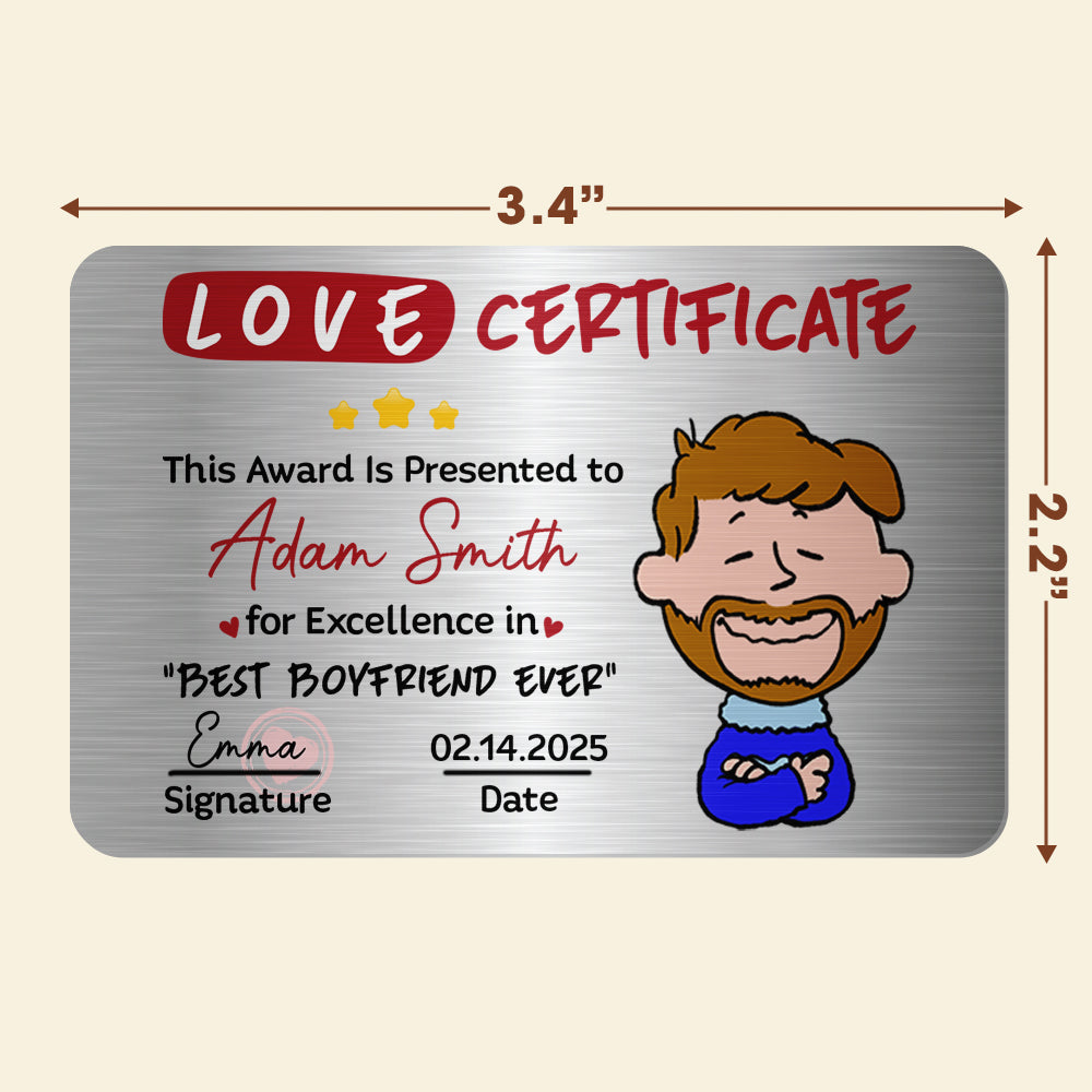 Personalized Love Certificate for Boyfriends - Best Boyfriend Ever Wallet Card PopCulturePrints