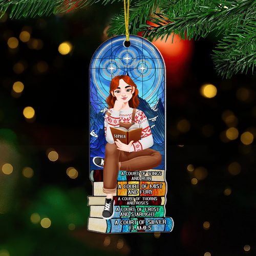 Personalized Christmas Book Lover's Ornament - Girl Reading on Book Stack Ornament PopCulturePrints