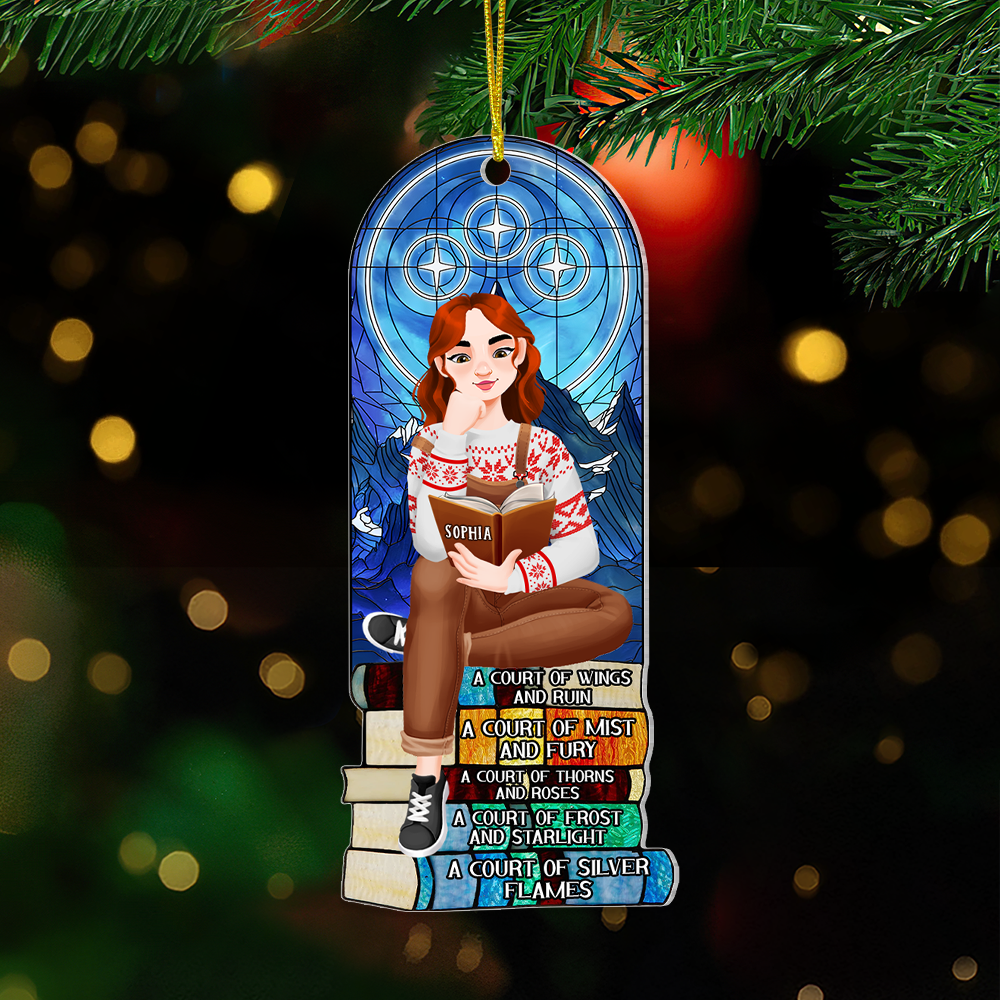 Personalized Christmas Book Lover's Ornament - Girl Reading on Book Stack Ornament PopCulturePrints