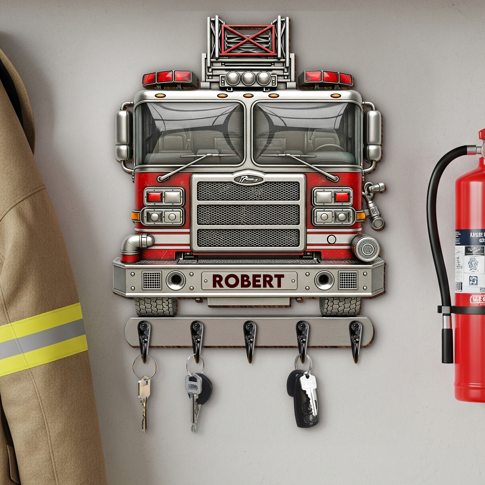 🚒 'Bringing Memories Home' - Rustic Firetruck Wood Key Hanger - Personalized Gift for Firefighters and Heroes Wood Sign PopCulturePrints