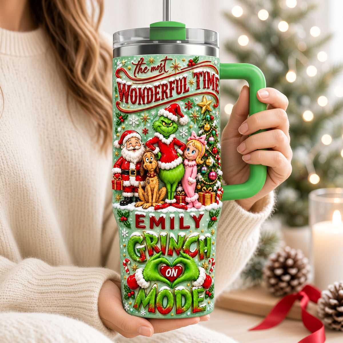 The Most Wonderful Time: Personalized Grinch Holiday Spirit Tumbler - Perfect Christmas Gift for Friends and Family Tumbler Cup PopCulturePrints