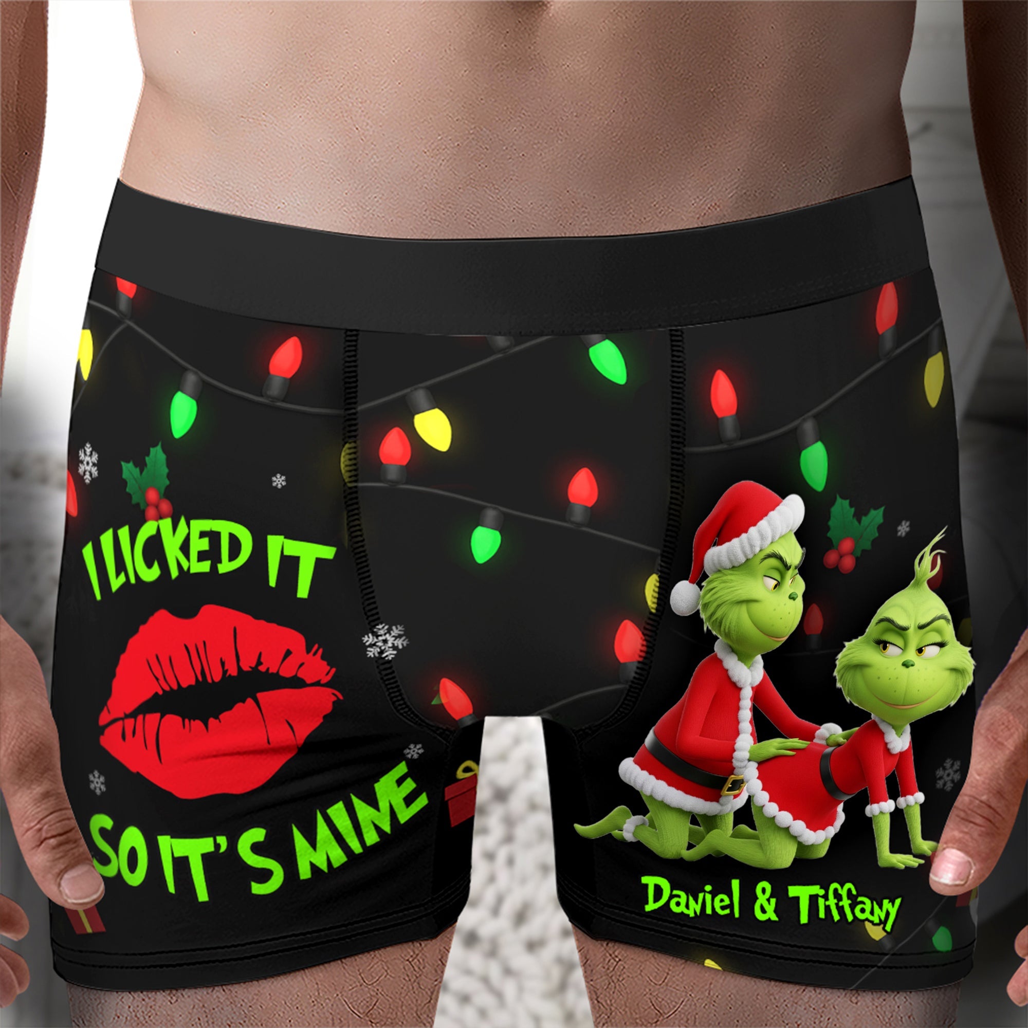 Christmas Cheer with a Grinchy Twist - Playful Green Couple Boxers | Personalized Gift for Him Boxer Briefs PopCulturePrints