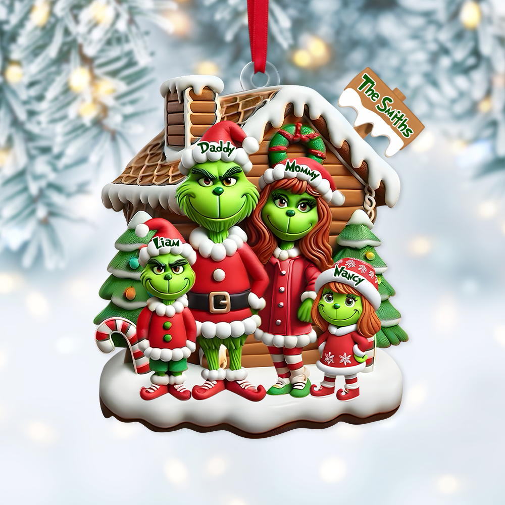 Personalized Family Christmas Ornament - Green Cartoon Character Design