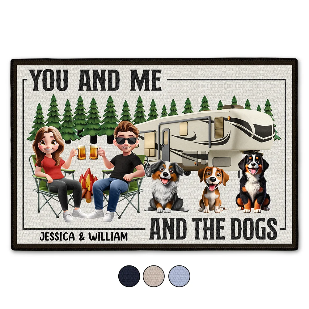 You And Me And The Dogs Camping Cartoon - Personalized Doormat Doormat PopCulturePrints